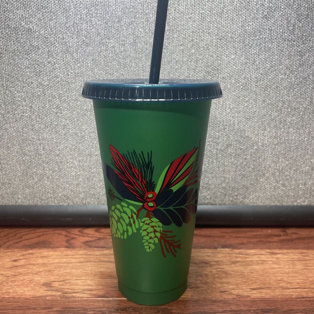 STARBUCKS Christmas MISTLETOE Green 24 oz Coffee Travel Tumbler W/ Straw ©️ 2020